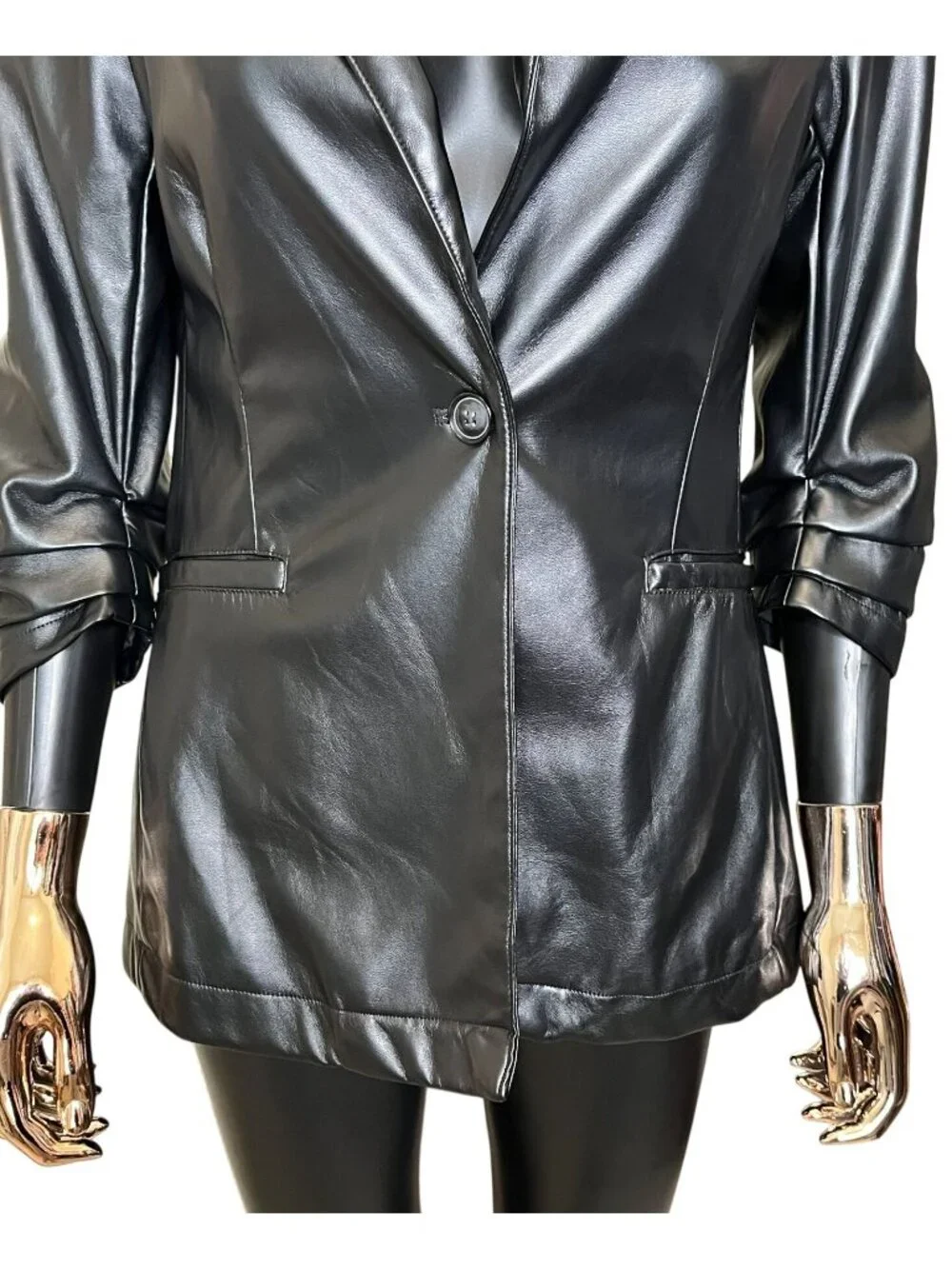 Rachel Zoe Black Faux Leather Blazer Ruched Sleeve Moto Jacket